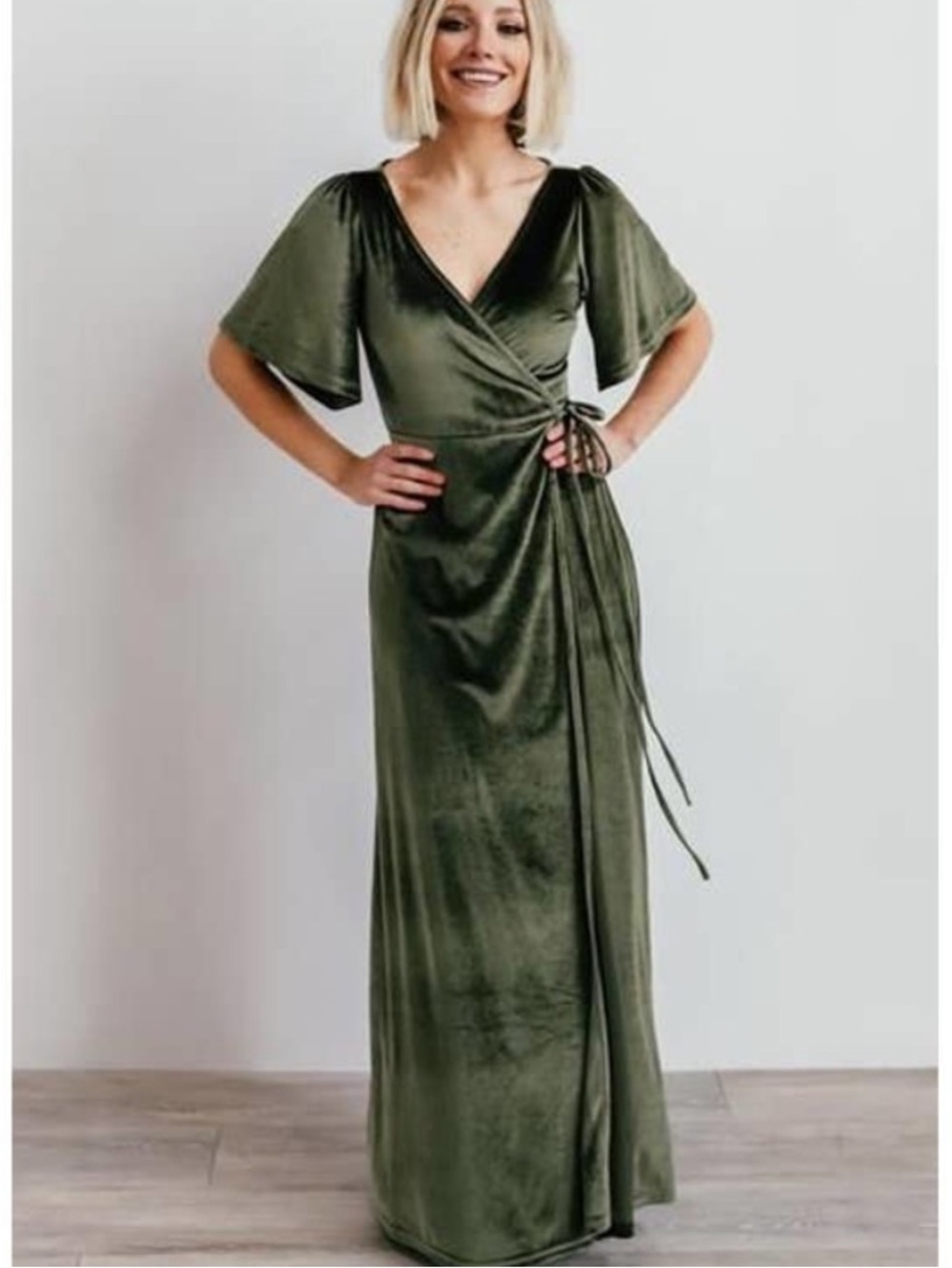 Baltic Born Meghan Velvet Wrap Maxi Dress in Olive Green Sz S